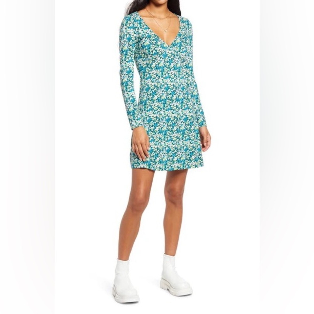 BP. Long Sleeve Print Knit Dress in Green Moss Hannah Kate